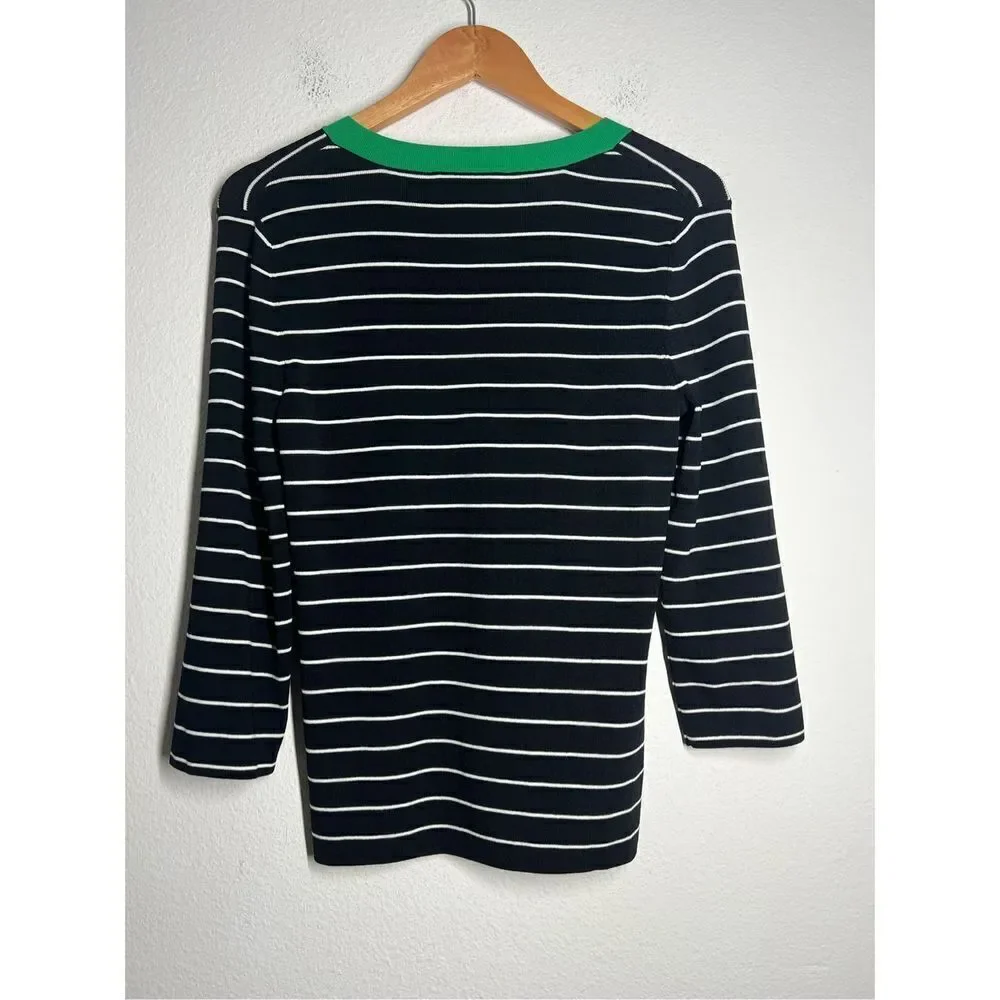 Cable & Gauge Women’s Size M Black White Green Striped V-Neck Sweater